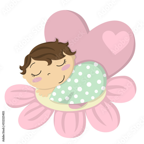 Illustration of a baby sleeping on a flower and a big heart next to it