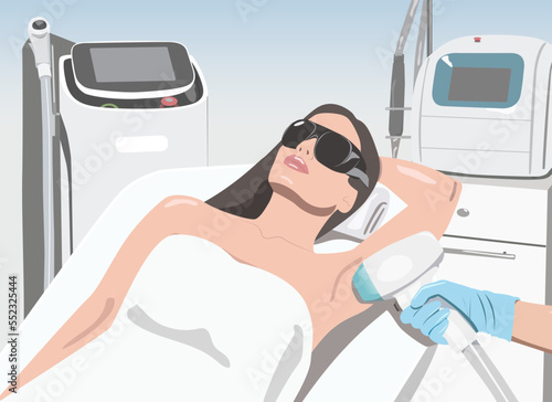 Illustration. Hair removal procedure on a woman’s body. Beautician doing laser rejuvenation in a beauty salon. vector image