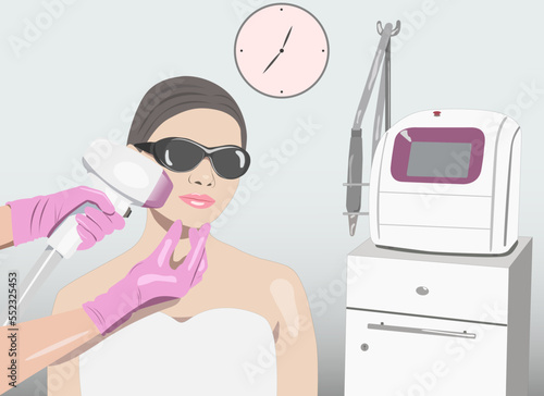 Illustration. Epilation hair removal procedure on a woman’s face. Beautician doing laser rejuvenation in a beauty salon. Removing unwanted body hair. 