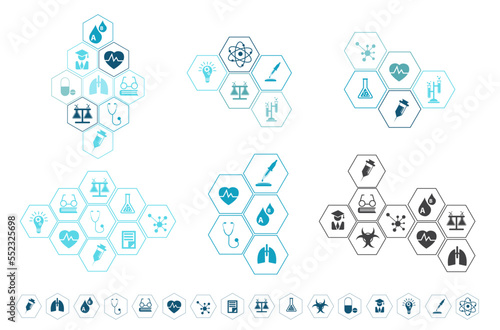 Vector medical icons set with elements hexagon shapes background blue creative layout template design