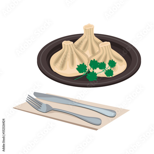 Georgian national food. Khinkali. Dough with meat filling. Dumplings. Vector graphic.	