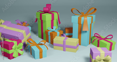 Image of christmas presents with copy space over grey background