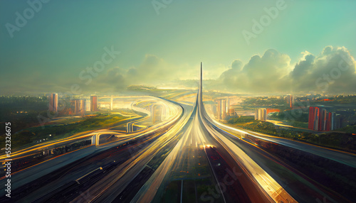 Abstract futuristic city with ultra speed highways, generative ai illustration