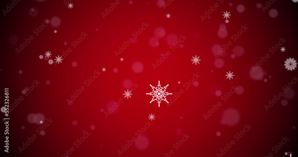Image of snow falling and light spots on red background Image of snow falling and light spots on red background