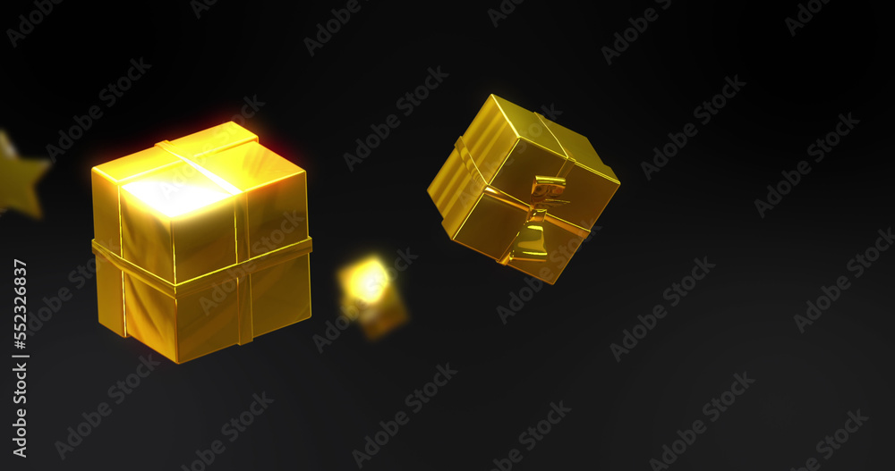 Image of gold stars and presents falling over black background