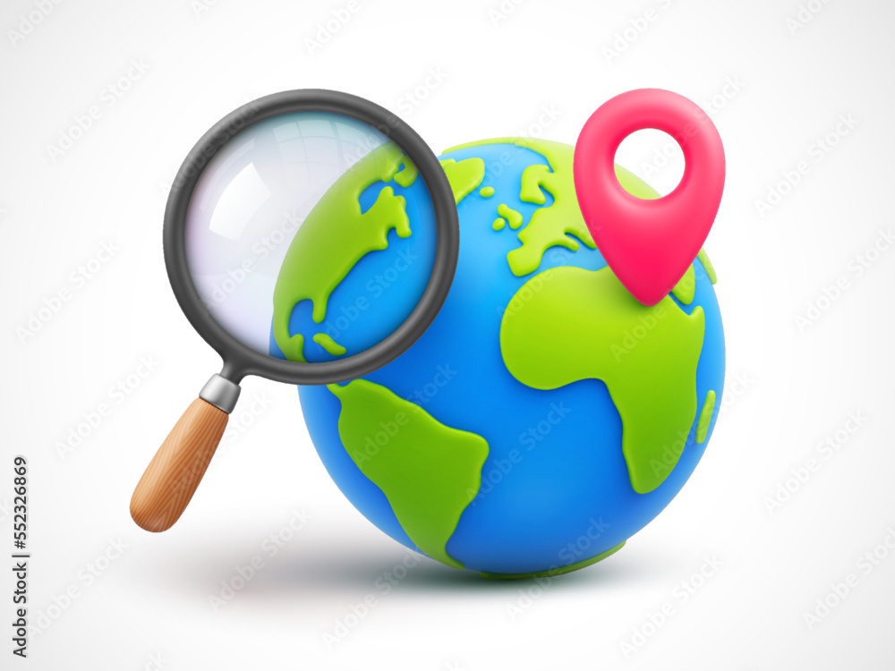 Cartoon planet Earth with magnifying glass and red pointer 3d vector icon. Finding the best place for travel, vacation concept. World traveling or GPS navigation concept. Vector illustration Cartoon planet Earth with magnifying glass and red pointer 3d vector icon. Finding the best place for travel, vacation concept. World traveling or GPS navigation concept. Vector illustration