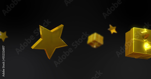 Image of gold stars and presents falling over black background