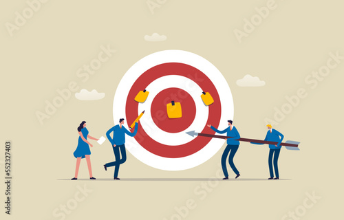 Strategies for teams to work toward the same goal. Improve teamwork collaboration in the workplace. Business team standing at dart board target. Illustration
