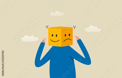 Identity Disorder or .Bipolar. .Angry and smiling faces. Confused young man. Illustration