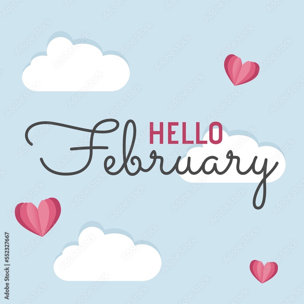 Composition of hello february text over clouds and hearts