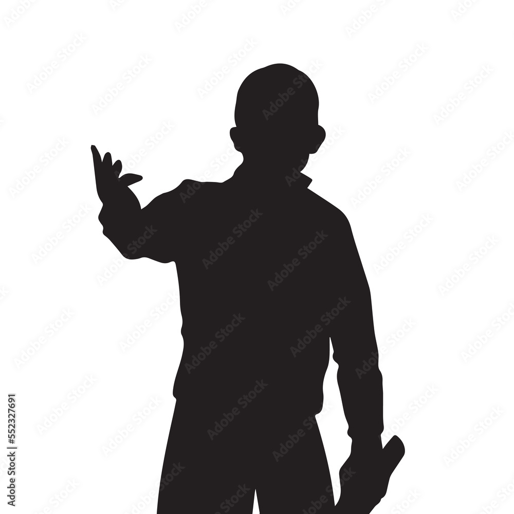 Business adult man presenting something to other person while standing and holding folded paper. Vector silhouette isolated on plain white background. Man with one hand up foward.
