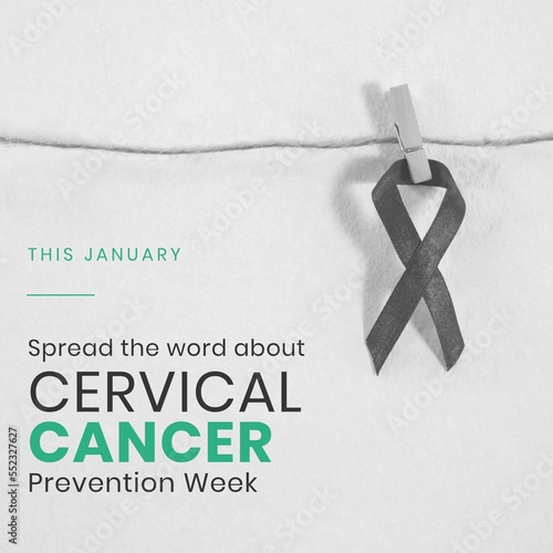 Composition of cervical cancer awareness week text over ribbon photo