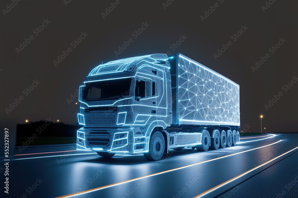 Futuristic truck made out of lines of light driving on road