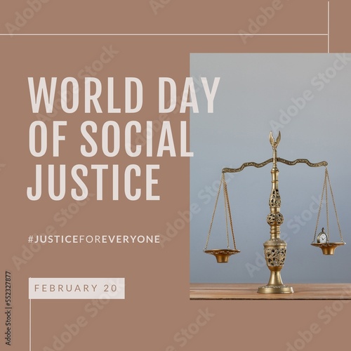 Composition of world day for social justice text over scales