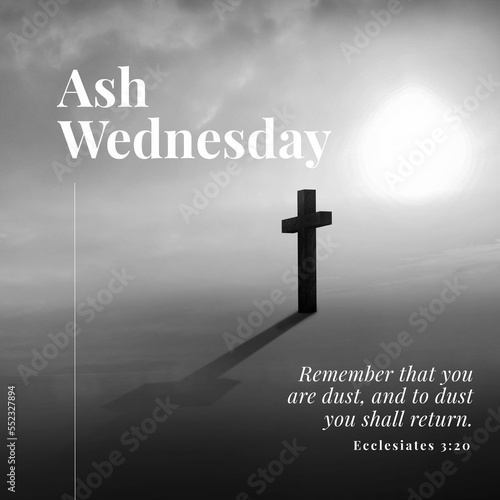 Image of ash wednesday over background with cross in black and white