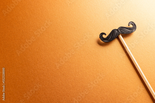 Composition of fake moustache on stick on orange background with copy space