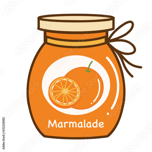 Jar of marmalade, orange jam. Hand drawn flat fruits cartoon vector illustration isolated on white background.