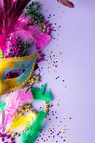 Papier peint Colourful mardi gras beads, confetti, feathers and carnival mask, on blue backgr