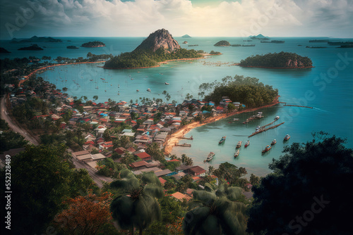 Khao Matsee in Chumphon, Thailand, overlooks the town of Pak nam chumphon and the surrounding fishermen community. Generative AI photo