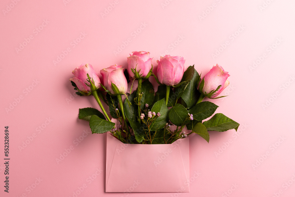 Composition of roses on pink background - obrazy, fototapety, plakaty 