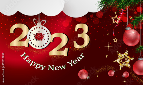Design background 2023 New Year and Merry Christmas with Christmas balls toys. vector illustration.