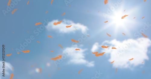 Digital composite of orange feathers flying against clouds and bright sun in sky, copy space