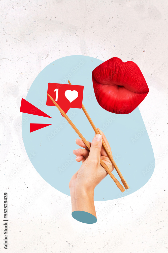 Photo collage cartoon comics sketch picture of arm holding sticks heart  like sign feeding red pomade lips isolated drawing background Stock Photo |  Adobe Stock