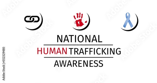 Illustration of national human trafficking awareness text, chain, red handprint, awareness ribbon