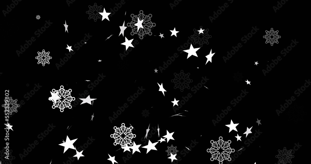 Digital image of multiple stars and snowflakes icons floating against red background Digital image of multiple stars and snowflakes icons floating against red background