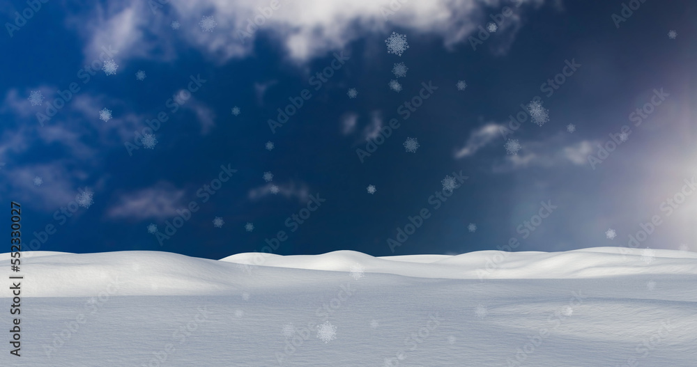 Image of snow falling over winter landscape and sky