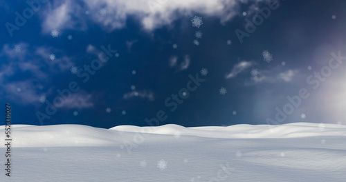 Image of snow falling over winter landscape and sky