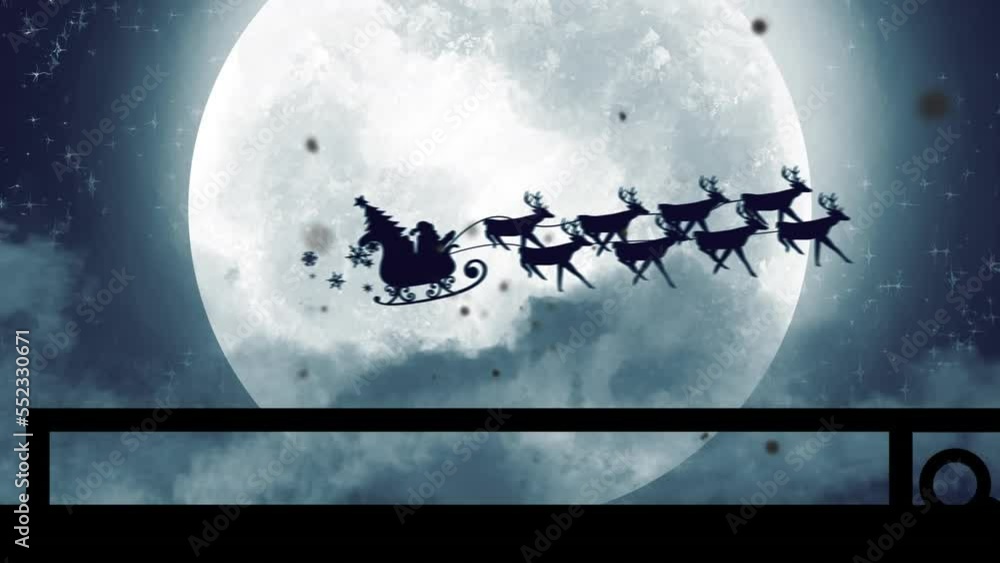 The silhouette of santa claus and his reindeer flying in front of a ...