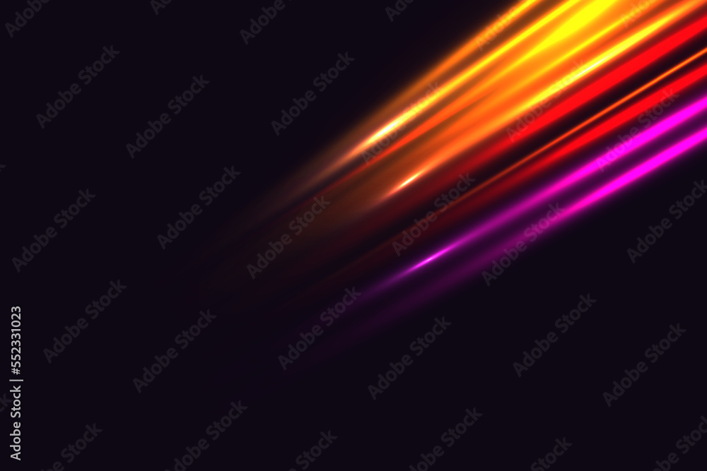 Cyberpunk light trails in motion or light slow shutter effect. Vector image of colorful light