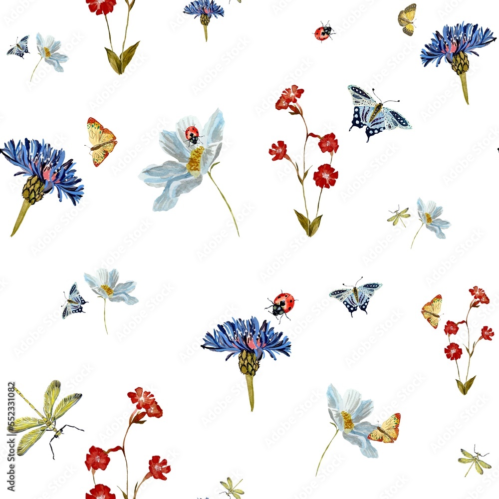 Insect flower daisy pattern sketch a watercolor