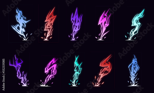Lightning animation set with sparks. Cartoon lightning effect. Thunderbolt strike comic sprite asses for 2D game