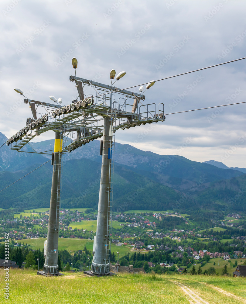 Chair lift on Gubalowka Hill with lovely view to Tatra Mountains Zakopane Poland.