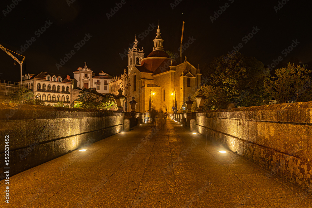 View of Amarante historic city in Portugal with the St. Goncalo church on Tamega River and Sao Goncalo bidge at night