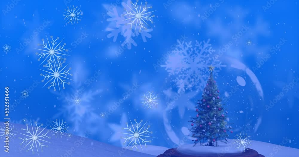 Animation of snowflakes over snow globe with christmas tree Animation of snowflakes over snow globe with christmas tree