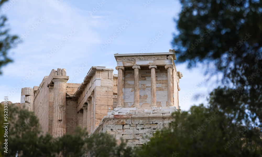 Acropolis Hill. Wide angle view of this iconic landmark from Athens, Greece, the Acropole old fortress during a sunny day.
