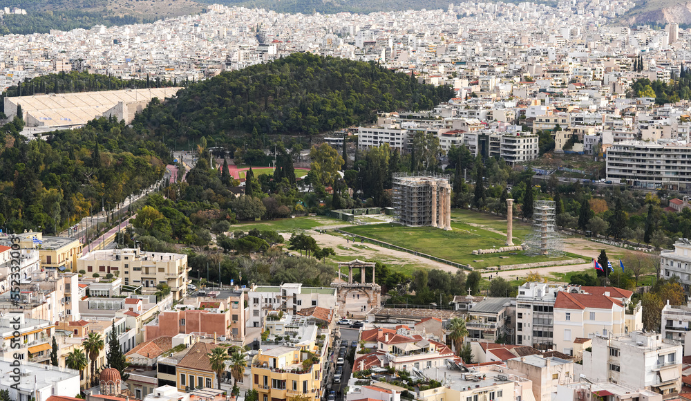 Athens from above. Detail aerial view of the ancient city center of Athens from Acropole during a sunny day in Greece.