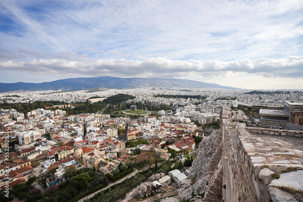 Obraz premium Athens from above. Detail aerial view of the ancient city center of Athens from Acropole during a sunny day in Greece.