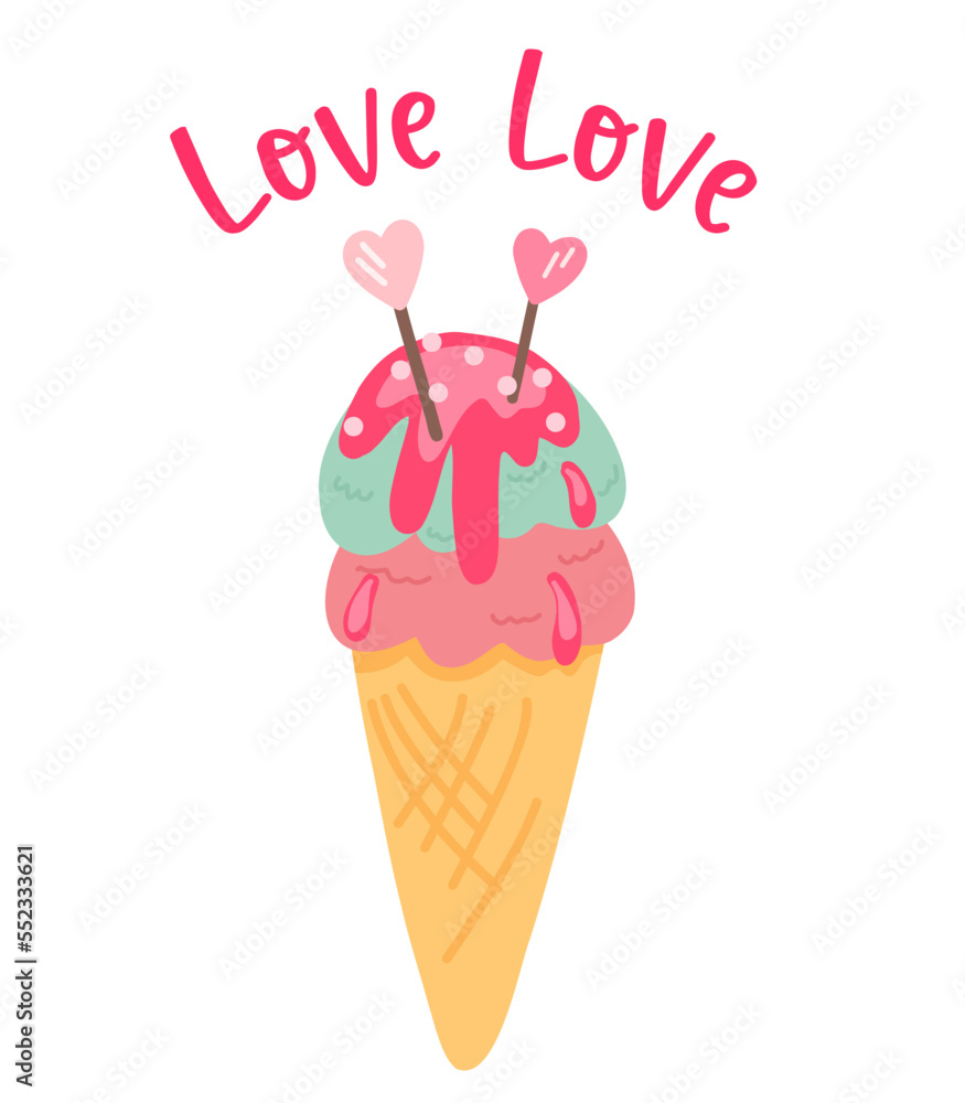 Illustration of ice cream in a pink and mint cone. Candy hearts with ice cream. Valentine's day card