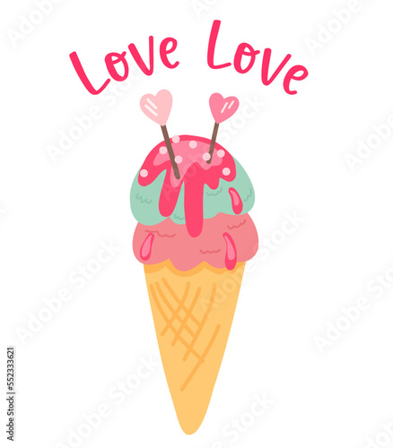 Illustration of ice cream in a pink and mint cone. Candy hearts with ice cream. Valentine s day card