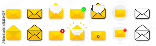 Envelope icon set. Mail icons set. Set of envelopes icons with a picture of a closed letter. Delivery of correspondence or office documents. Paper document enclosed in an envelope.