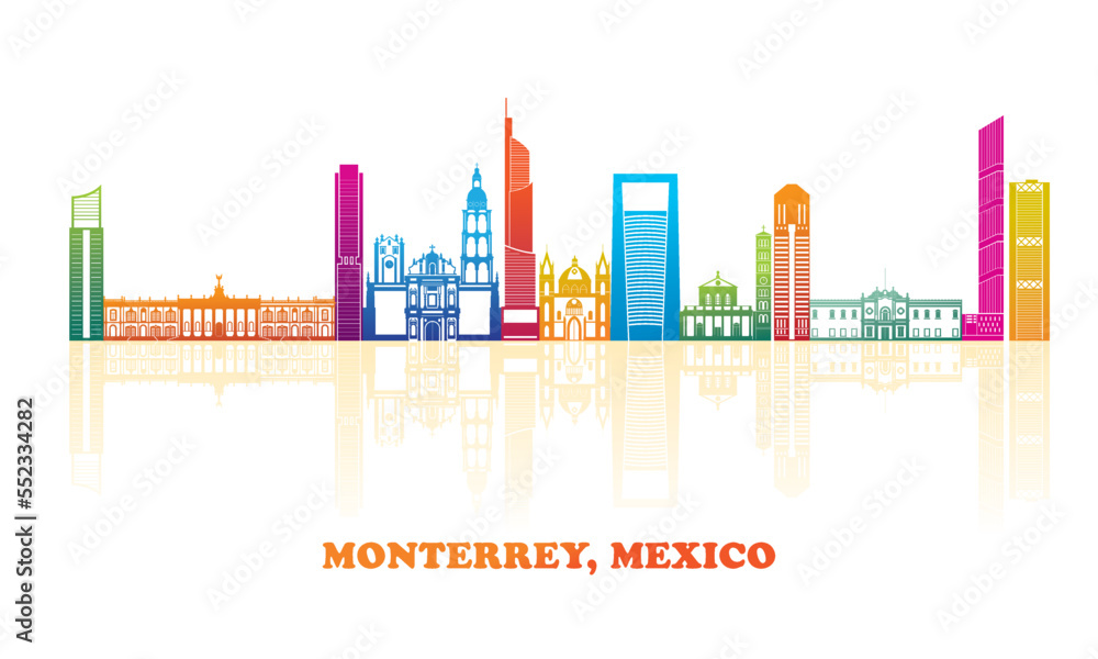Colourfull Skyline panorama of city of Monterrey, Mexico - vector illustration