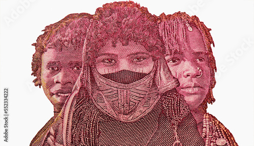 Triptych portrait of three young women of Eritrea's nine nationalities; flag raising, Portrait from Eritrea 50 Nakfa 2004 Banknotes.