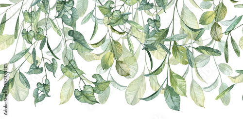 Long seamless banner with hanging liana and creepers branches. Watercolor hand painted botany twigs with green detailed leaves