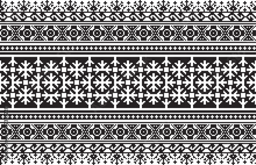 Vector monochrome seamless Ukrainian national ornament, embroidery. Endless ethnic floral border, Slavic peoples frame. black cross stitch..