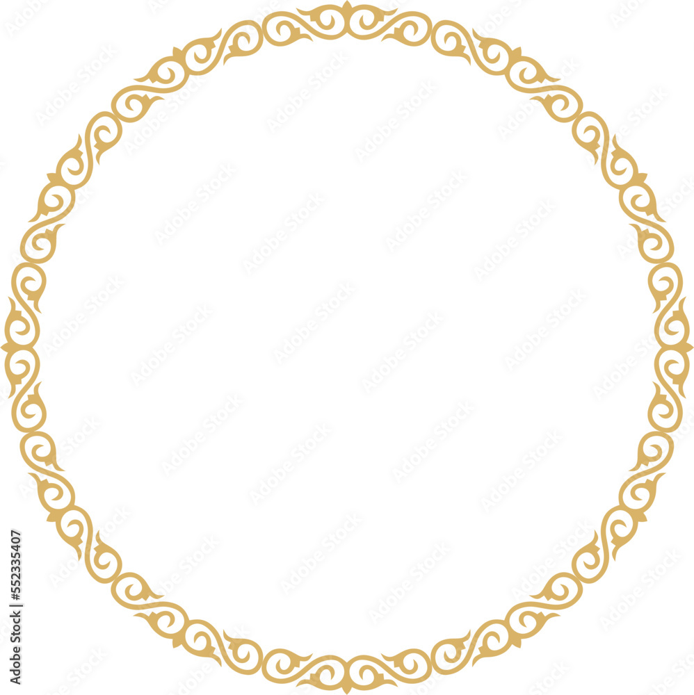 Vector round golden Kazakh national frame. Ornamental circle. Ethnic pattern of nomadic peoples of the Great Steppe, Kyrgyz, Mongols, Bashkirs, Buryats, Kalmyks Vector round golden Kazakh national frame. Ornamental circle. Ethnic pattern of nomadic peoples of the Great Steppe, Kyrgyz, Mongols, Bashkirs, Buryats, Kalmyks
