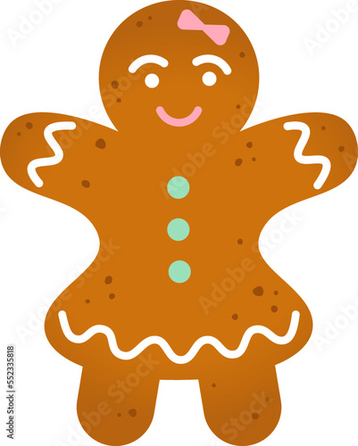 Gingerbread lady. Homemade Christmas female cookie. Winter holiday celebration theme. Vector illustration in flat style isolated on white background.